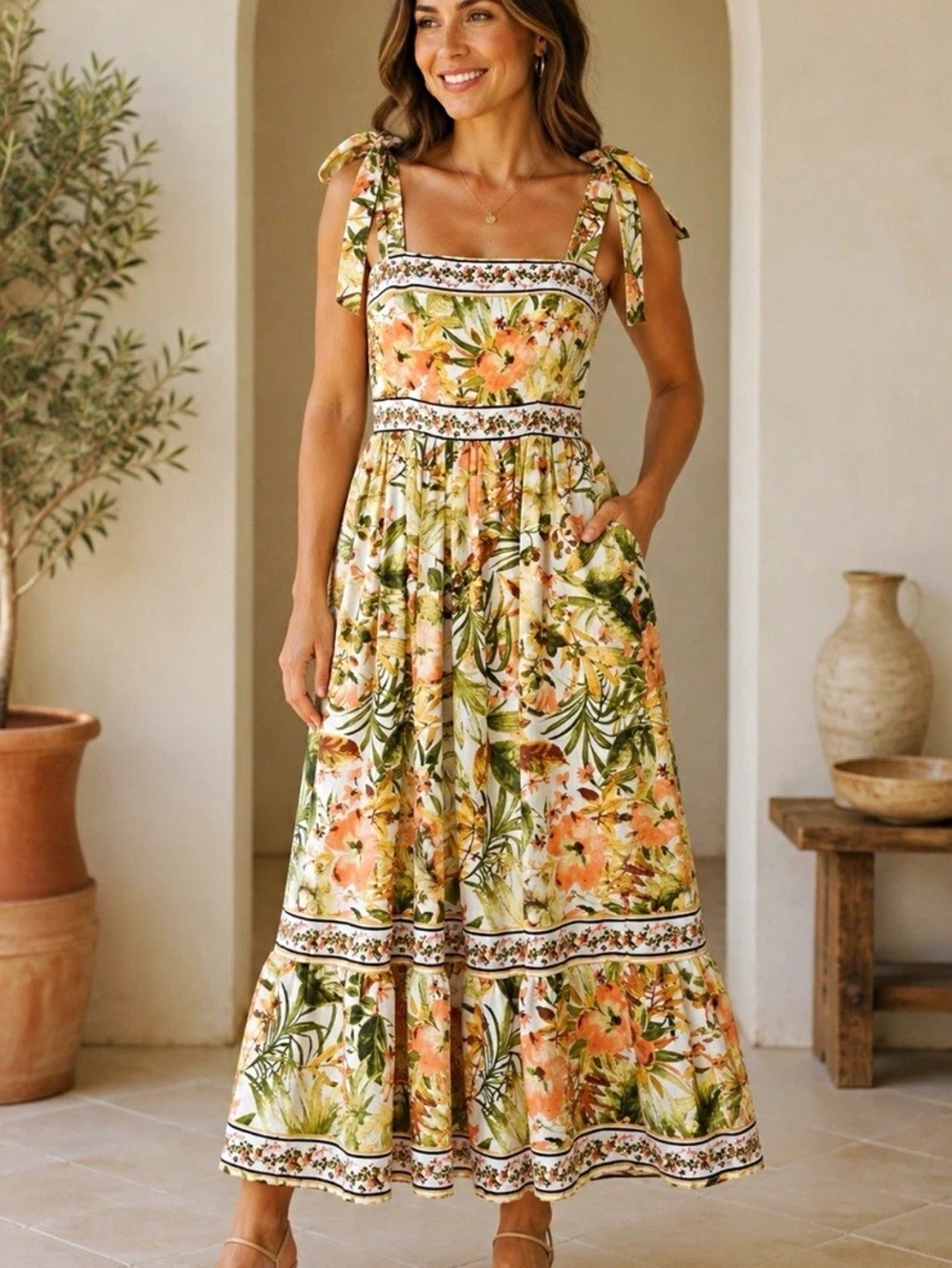 Joie Peach & Green Floral Tie-Shoulder Maxi Dress